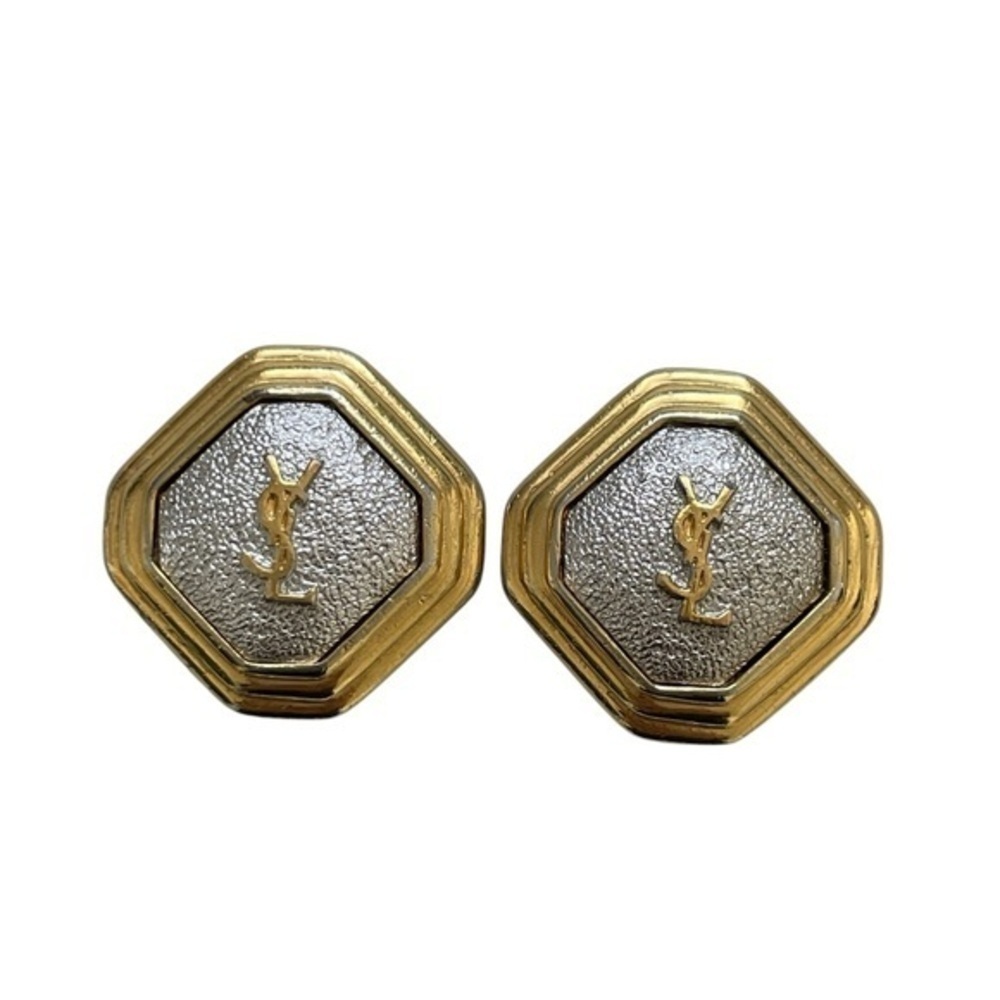 YSL Vintage Gold and Silver Hexagon Clip On Earrings - Picture 2 of 6